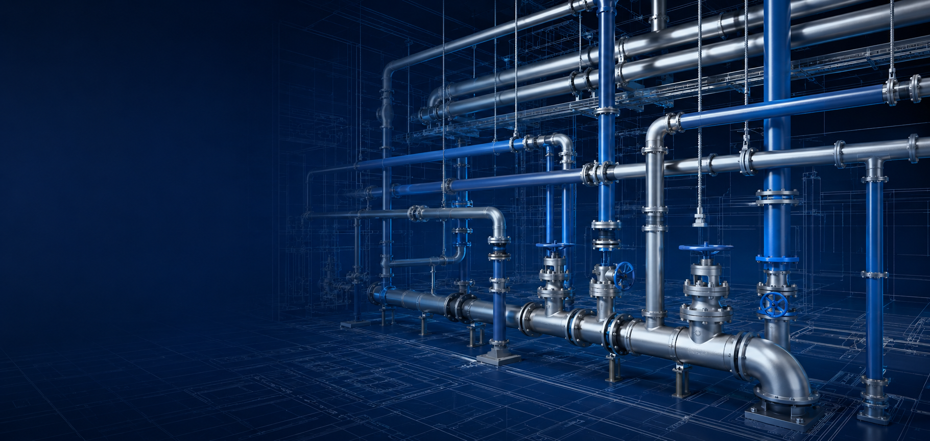 Coordinated 3D plumbing piping and valves over a technical blueprint